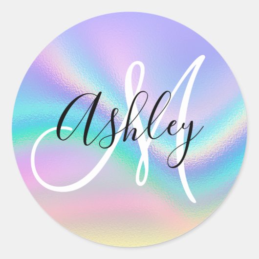 Pastel Iridescent Rainbow Wave Ombre Folie Monogra Ronde Sticker (Voorkant)
