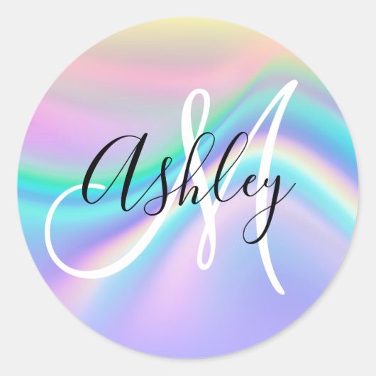Pastel Iridescente Regenbooggolf Ombre Monogram Ronde Sticker (Voorkant)