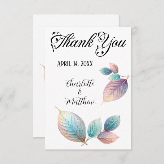 Pastel iriserende bladeren bruiloft dromerige past bedankkaart (Voorkant / Achterkant)