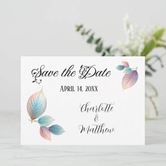 Pastel iriserende bladeren bruiloft dromerige past kaart (Staand voorkant)