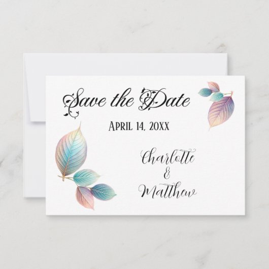 Pastel iriserende bladeren bruiloft dromerige past save the date (Voorkant)
