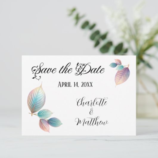 Pastel iriserende bladeren bruiloft dromerige past save the date (Staand voorkant)