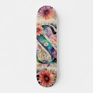 Pastel & Jewel Tone Waterverf Bloemen Monogram S Persoonlijk Skateboard