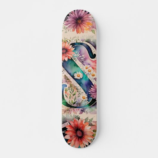 Pastel & Jewel Tone Waterverf Bloemen Monogram S Persoonlijk Skateboard (Voorkant)