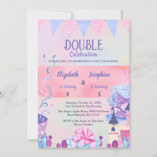 Pastel Joint Girls Double Birthday Celebration Kaart (Voorkant)