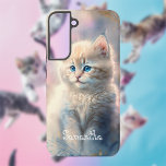 Pastel Kat met Jouw naam Samsung Galaxy Hoesje<br><div class="desc">Schattig pastelkat met jouw naam op een pastelachtergrond.</div>