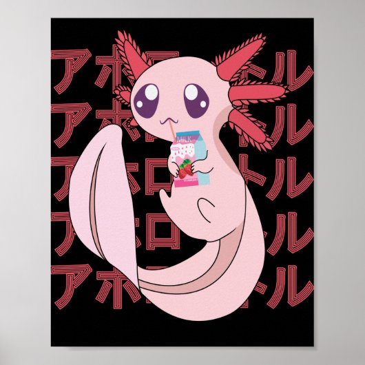 Pastel Kawaii Axolotl Strawberry Milkshake Japans Poster (Voorkant)