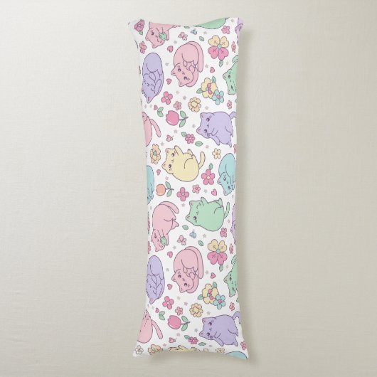 Pastel Kawaii Cats and Flowers Pattern Lichaamskussen (Voorkant Verticaal)