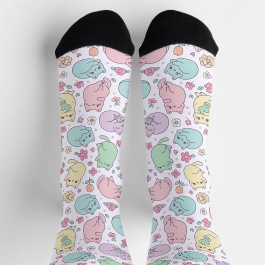 Pastel Kawaii Cats and Spring Flowers Pattern  Sokken (Top)