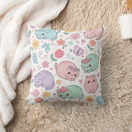 Pastel Kawaii Cats and Spring Flowers Throw Pillow Kussen (Deken)