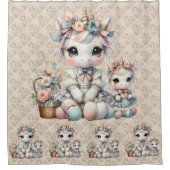 Pastel Kawaii Eenhoorn Moeder Dochter Duo Beige Douchegordijn (Voorkant)