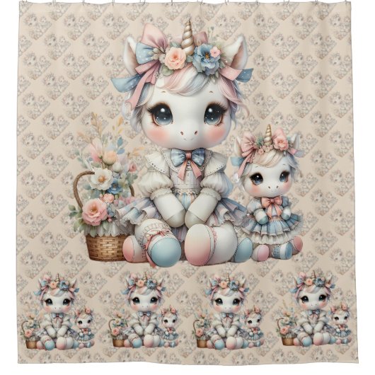 Pastel Kawaii Eenhoorn Moeder Dochter Duo Beige Douchegordijn (Voorkant)