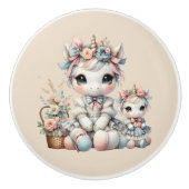 Pastel Kawaii Eenhoorn Moeder Dochter Duo Beige Keramische Knop (Voorkant)