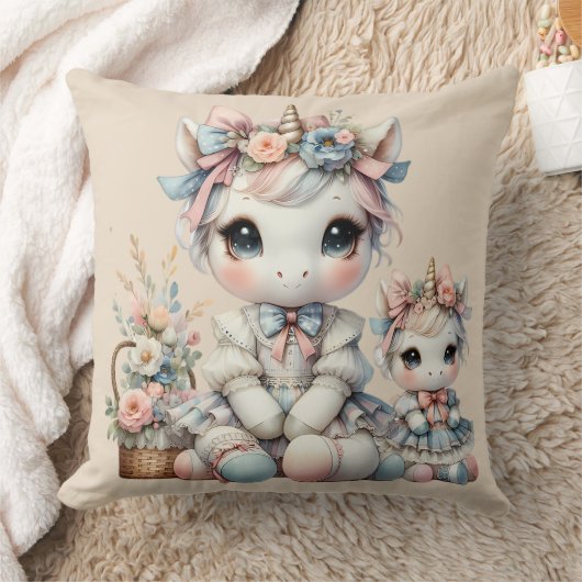 Pastel Kawaii Eenhoorn Moeder Dochter Duo Beige Kussen (Deken)
