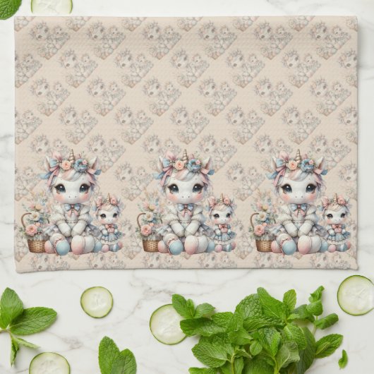 Pastel Kawaii Eenhoorn Moeder Dochter Duo Beige Theedoek (Gevouwen)