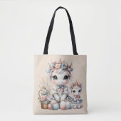 Pastel Kawaii Eenhoorn Moeder Dochter Duo Beige Tote Bag (Voorkant)