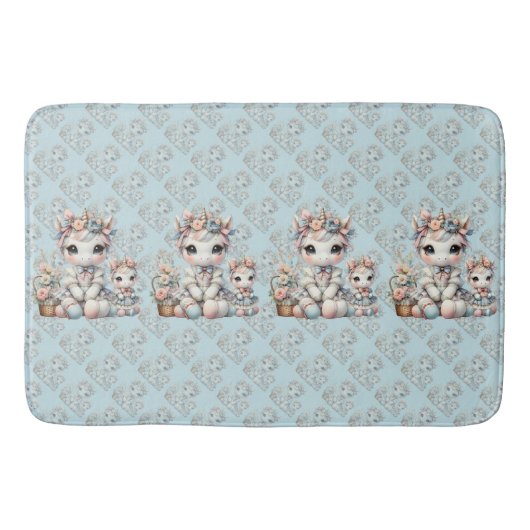 Pastel Kawaii Eenhoorn Moeder Dochter Duo Blauw Badmat (Voorkant)