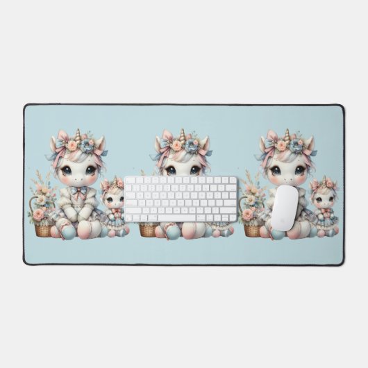 Pastel Kawaii Eenhoorn Moeder Dochter Duo Blauw Bureaumat (Keyboard & Muis)