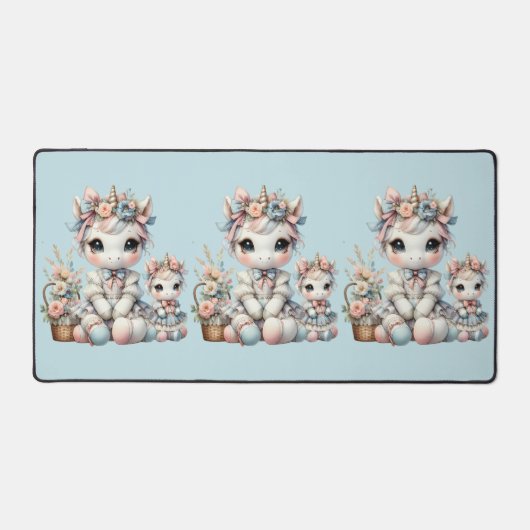 Pastel Kawaii Eenhoorn Moeder Dochter Duo Blauw Bureaumat (Voorkant)