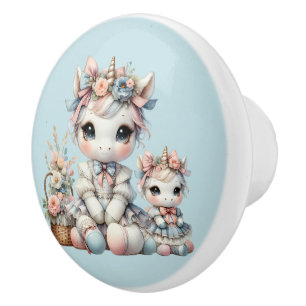 Pastel Kawaii Eenhoorn Moeder Dochter Duo Blauw Keramische Knop