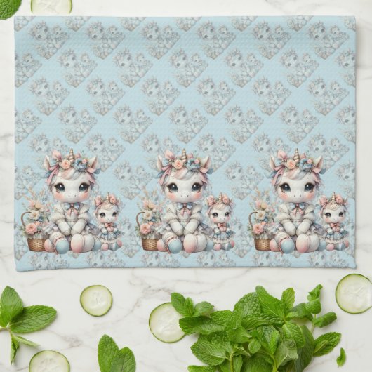 Pastel Kawaii Eenhoorn Moeder Dochter Duo Blauw Theedoek (Gevouwen)