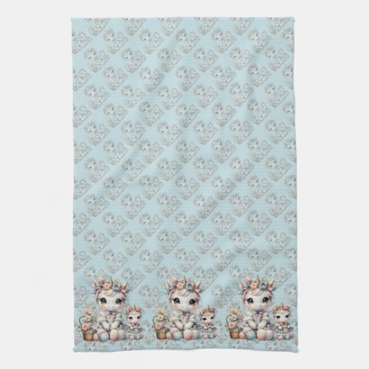 Pastel Kawaii Eenhoorn Moeder Dochter Duo Blauw Theedoek (Verticaal)