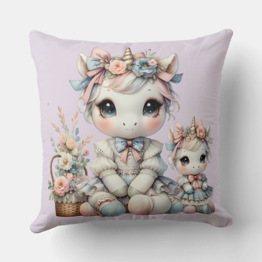 Pastel Kawaii Eenhoorn Moeder Dochter Duo Lavender Kussen (Achterkant)