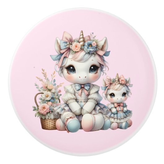 Pastel Kawaii Eenhoorn Moeder Dochter Duo Roze Keramische Knop (Voorkant)