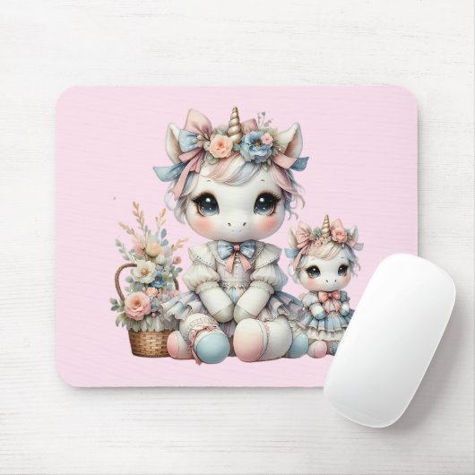 Pastel Kawaii Eenhoorn Moeder Dochter Duo Roze Muismat (Met muis)
