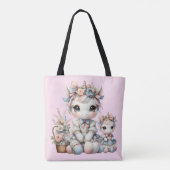 Pastel Kawaii Eenhoorn Moeder Dochter Duo Roze Tote Bag (Achterkant)