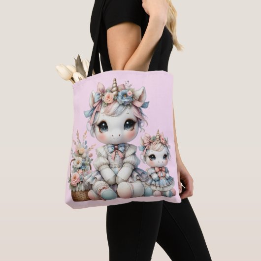 Pastel Kawaii Eenhoorn Moeder Dochter Duo Roze Tote Bag (Dichtbij)