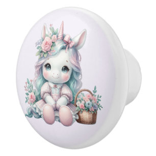 Pastel Kawaii Eenhoorn Pop met Bloemenmand Keramische Knop