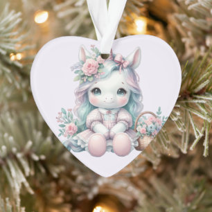 Pastel Kawaii Eenhoorn Pop met Bloemenmand Ornament