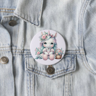 Pastel Kawaii Eenhoorn Pop met Bloemenmand Ronde Button 7,6 Cm