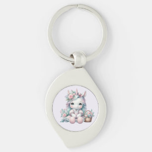 Pastel Kawaii Eenhoorn Pop met Bloemenmand Sleutelhanger