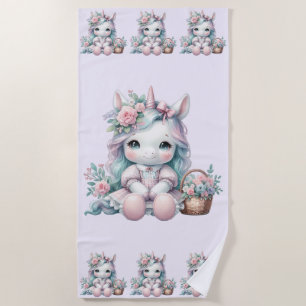 Pastel Kawaii Eenhoorn Pop met Bloemenmand Strandlaken