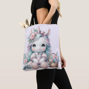 Pastel Kawaii Eenhoorn Pop met Bloemenmand Tote Bag