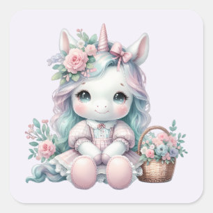 Pastel Kawaii Eenhoorn Pop met Bloemenmand Vierkante Sticker