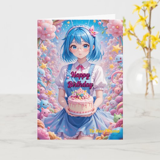Pastel Kawaii Girl Cake Celebration Kaart (Gele Bloem)