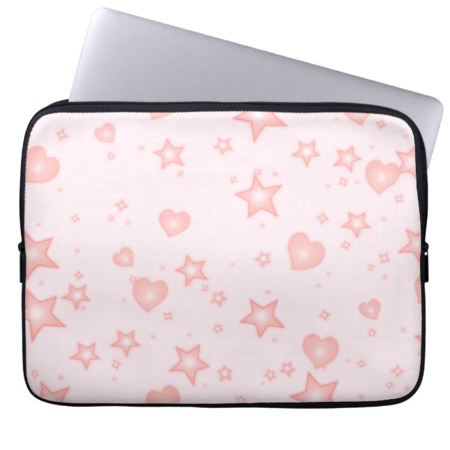 Pastel Kawaii Hearts & Stars – Cute Girly Pink Laptop Sleeve (Voorkant)