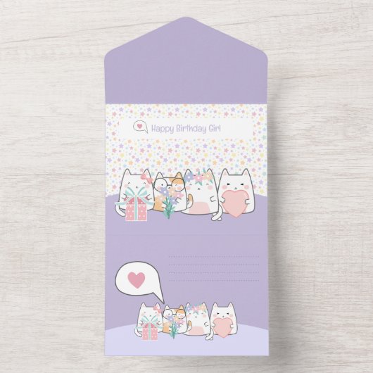 Pastel Kawaii Kat Duivels Groet Cartoon Doodle  All In One Uitnodiging (Binnen)