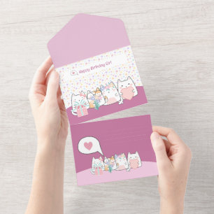 Pastel Kawaii Kat Vrienden Greeting Cartoon Doodle All In One Uitnodiging