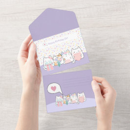 Pastel Kawaii Kat Vrienden Groet Cartoon Doodle All In One Uitnodiging