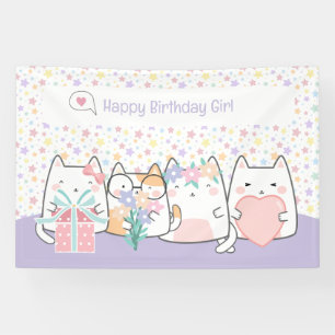 Pastel Kawaii Kat Vrienden Groet Cartoon Doodle Spandoek