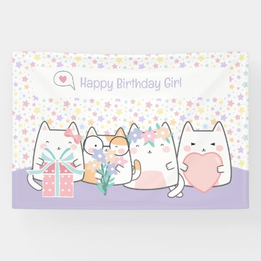 Pastel Kawaii Kat Vrienden Groet Cartoon Doodle Spandoek (Horizontaal)