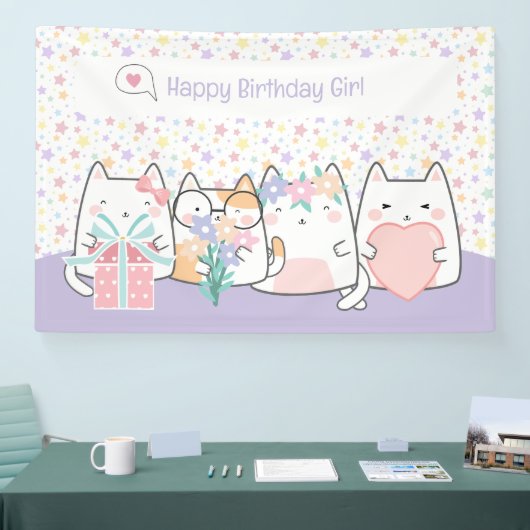 Pastel Kawaii Kat Vrienden Groet Cartoon Doodle Spandoek (Beurs)