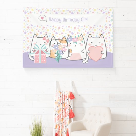 Pastel Kawaii Kat Vrienden Groet Cartoon Doodle Spandoek (Insitu)