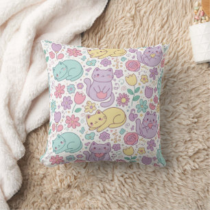 Pastel Kawaii Katten en Bloemen Decoratie Kussen
