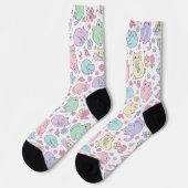 Pastel Kawaii Katten en Lente Bloemen Patroon Sokken (Links)
