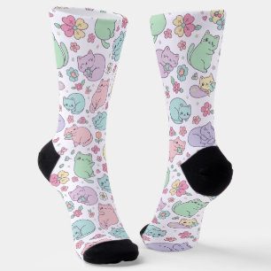 Pastel Kawaii Katten en Lente Bloemen Patroon  Sokken